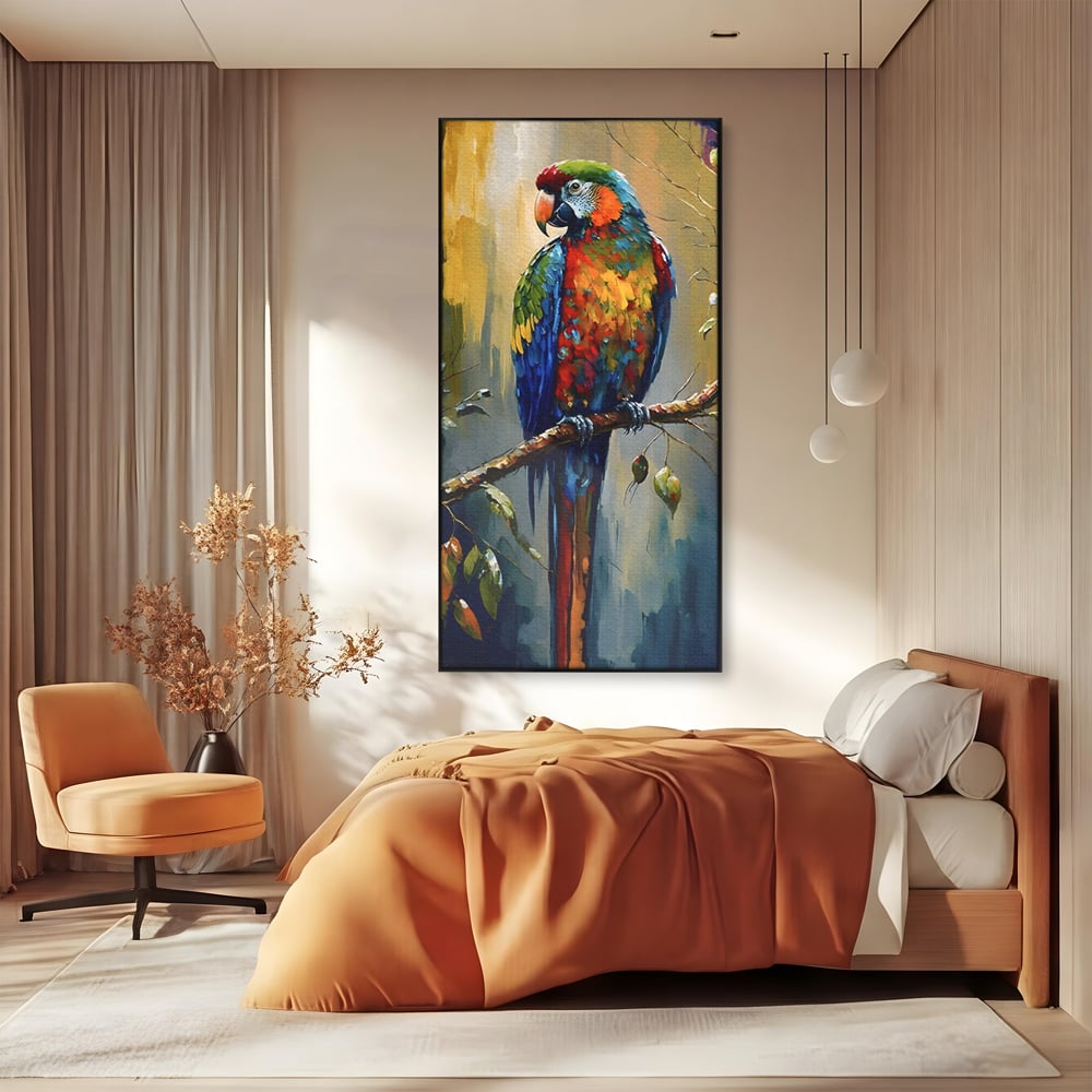 Tablou canvas cu tablou canvas cu papagal colorat, in rama de aluminiu negru, pe perete intr-un dormitor